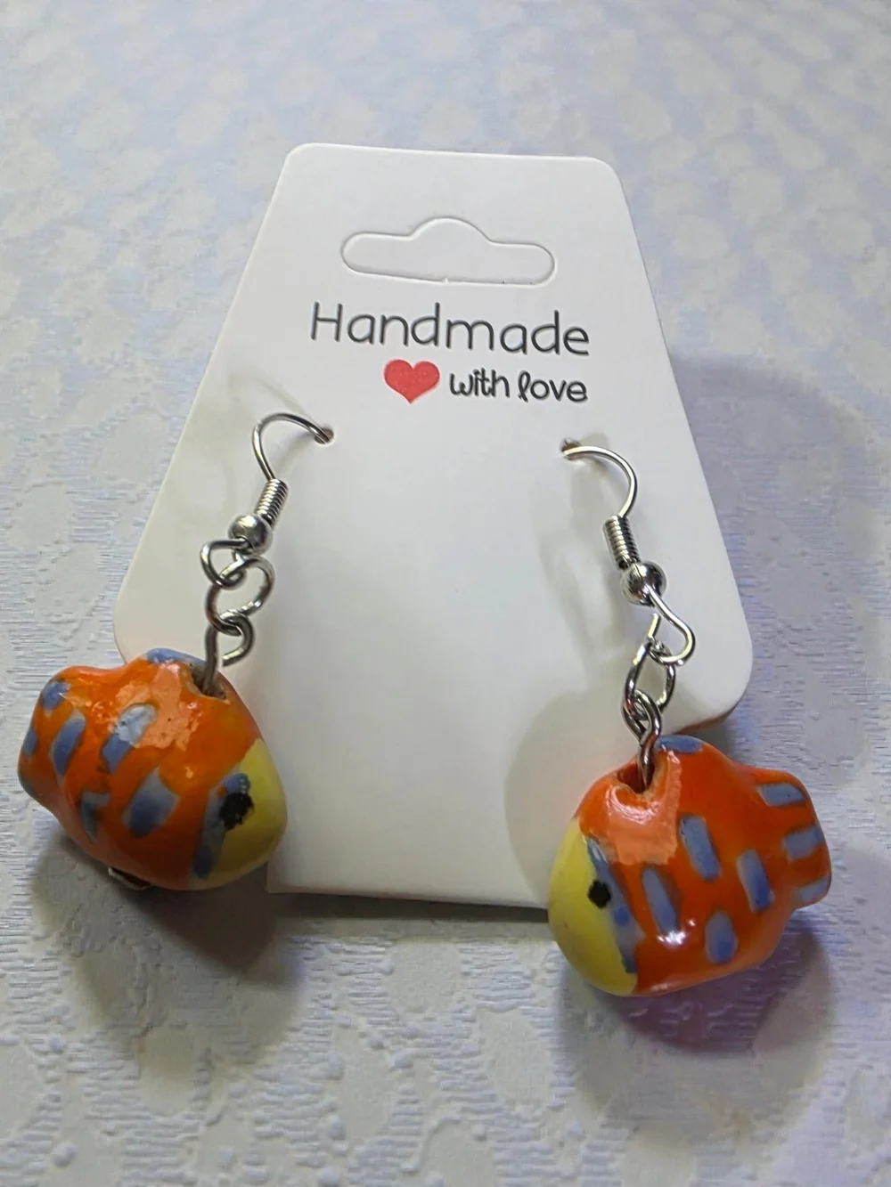 Handmade Ceramic Clownfish Dangle Earrings Orange Tropical Fish Jewelry NWT
